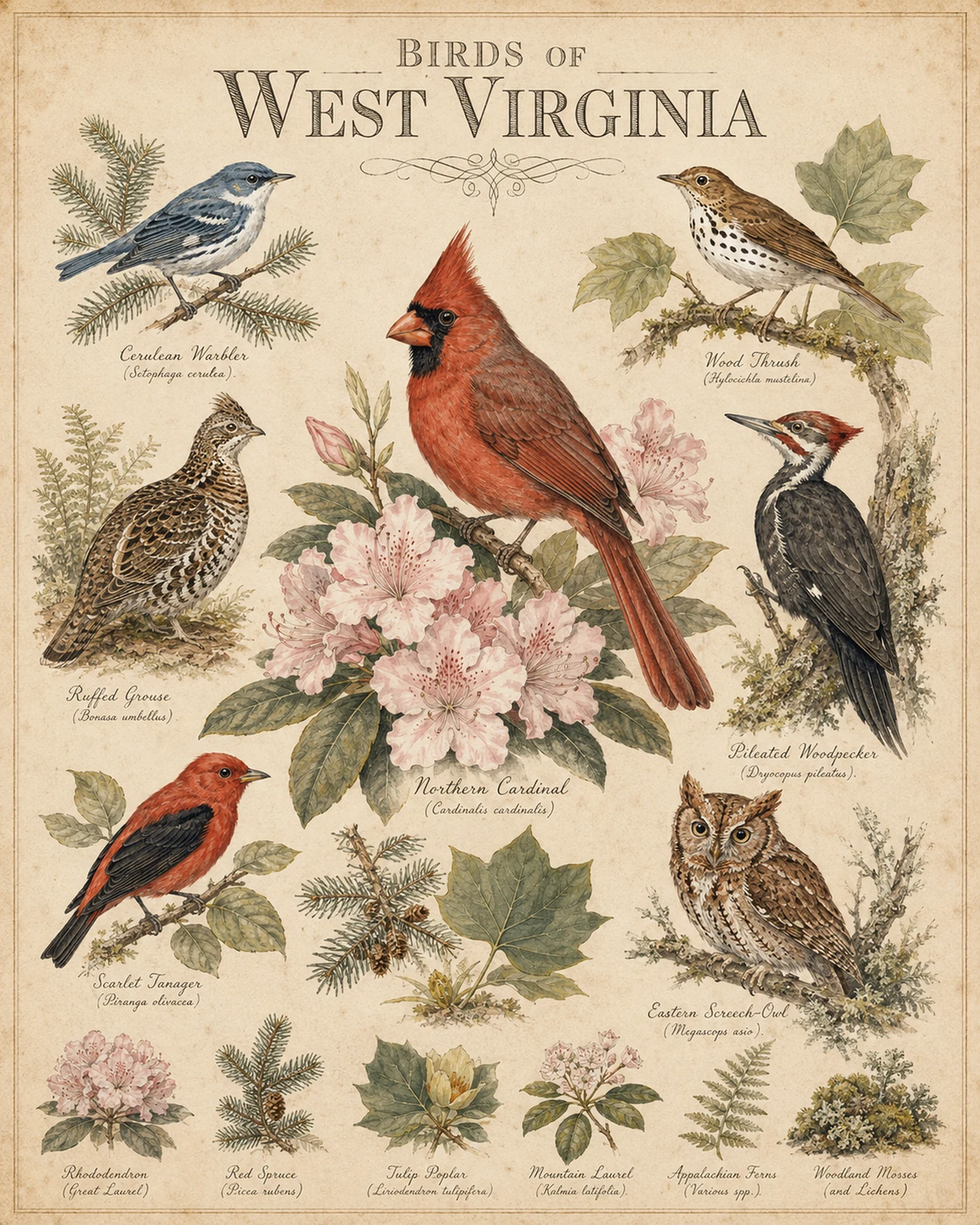 Audubon-style composite plate of the signature birds of West Virginia