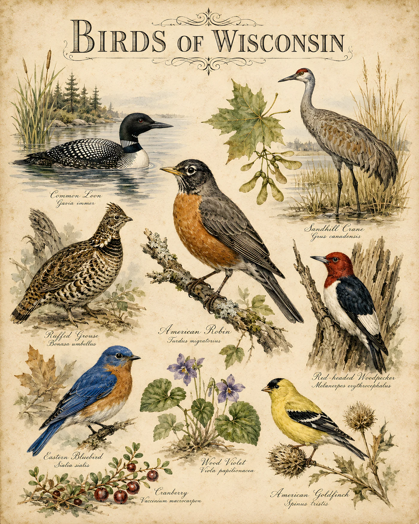 Audubon-style composite plate of the signature birds of Wisconsin