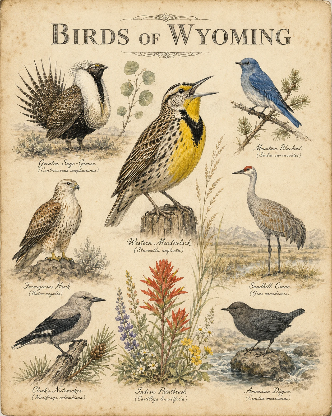 Audubon-style composite plate of the signature birds of Wyoming