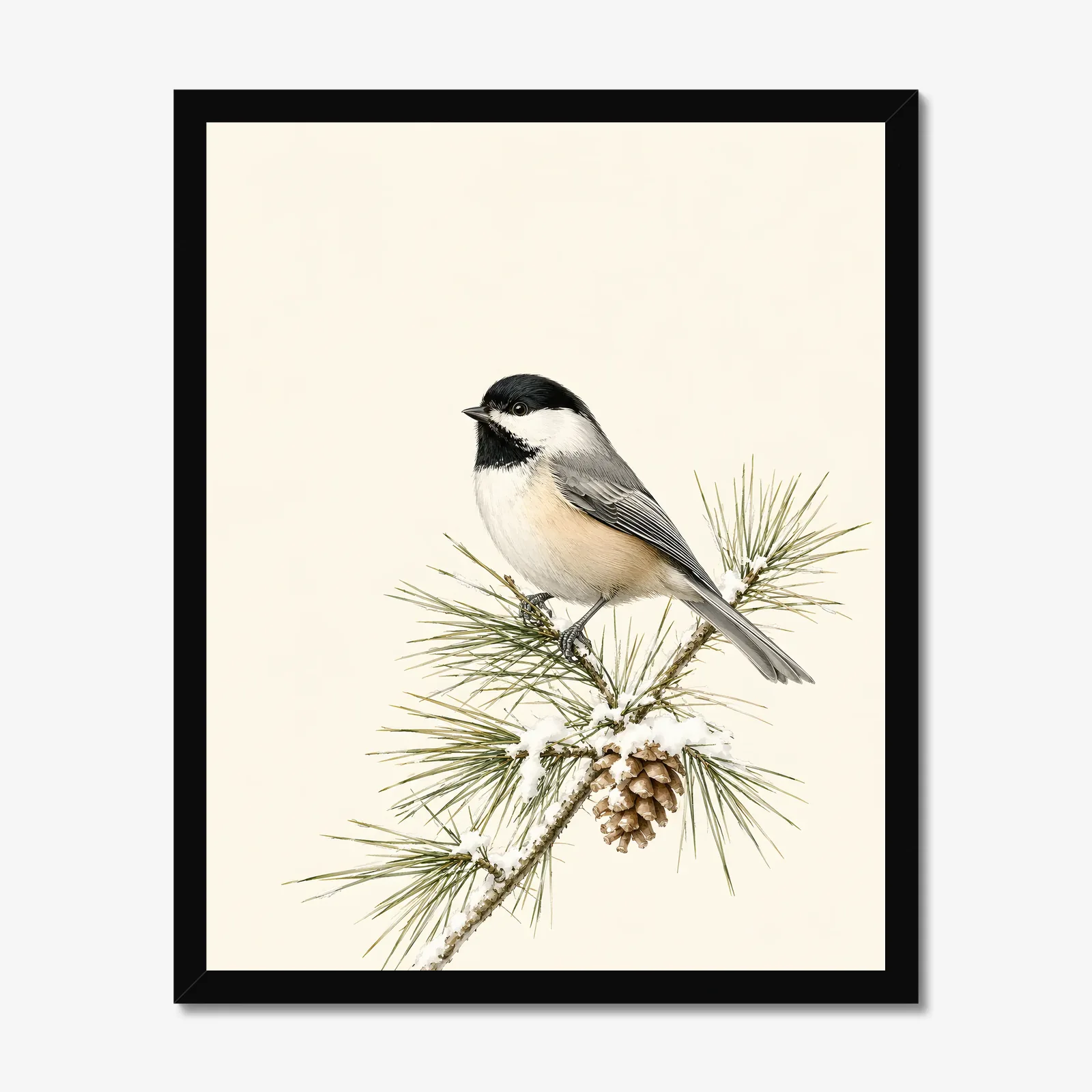 Black-capped Chickadee Print - On Pine in a black frame