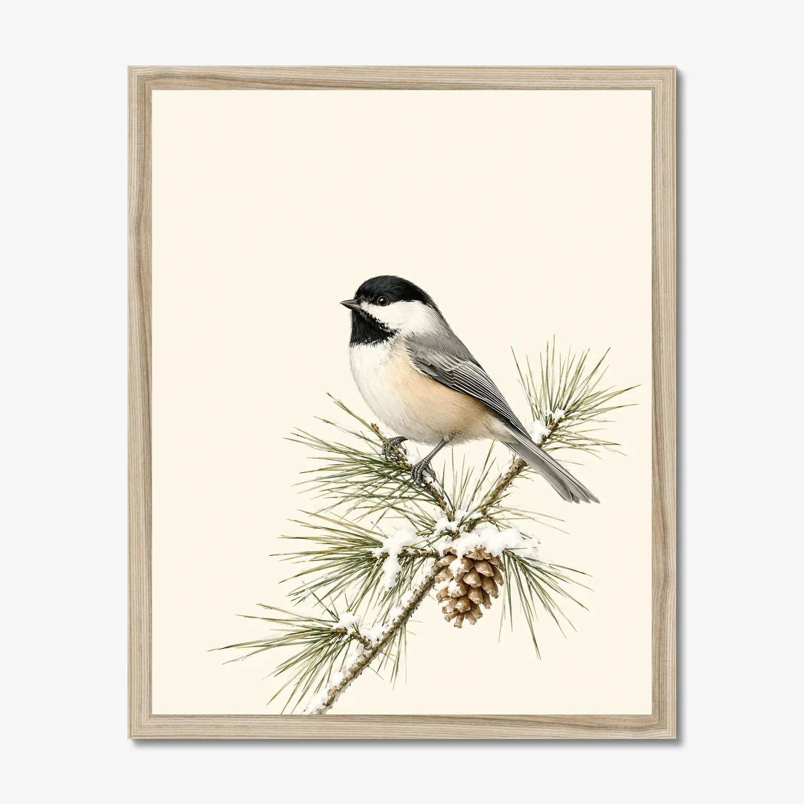 Black-capped Chickadee Print - On Pine in a natural frame