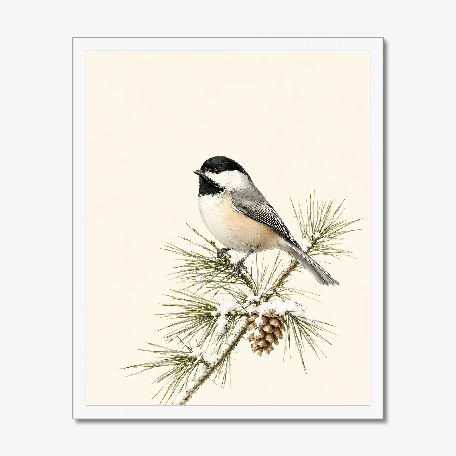 Black-capped Chickadee Print - On Pine in a white frame