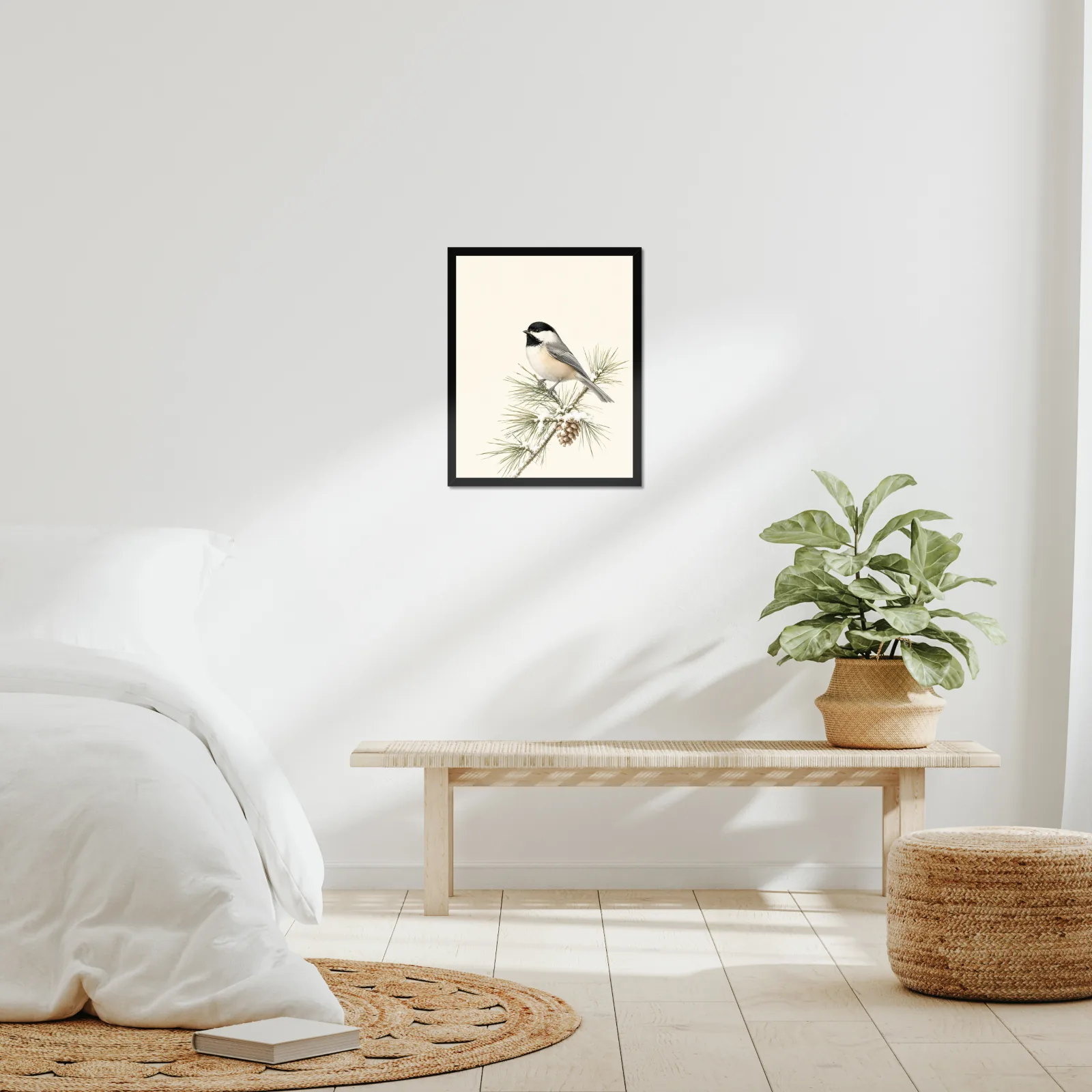 A framed bird print in a real room