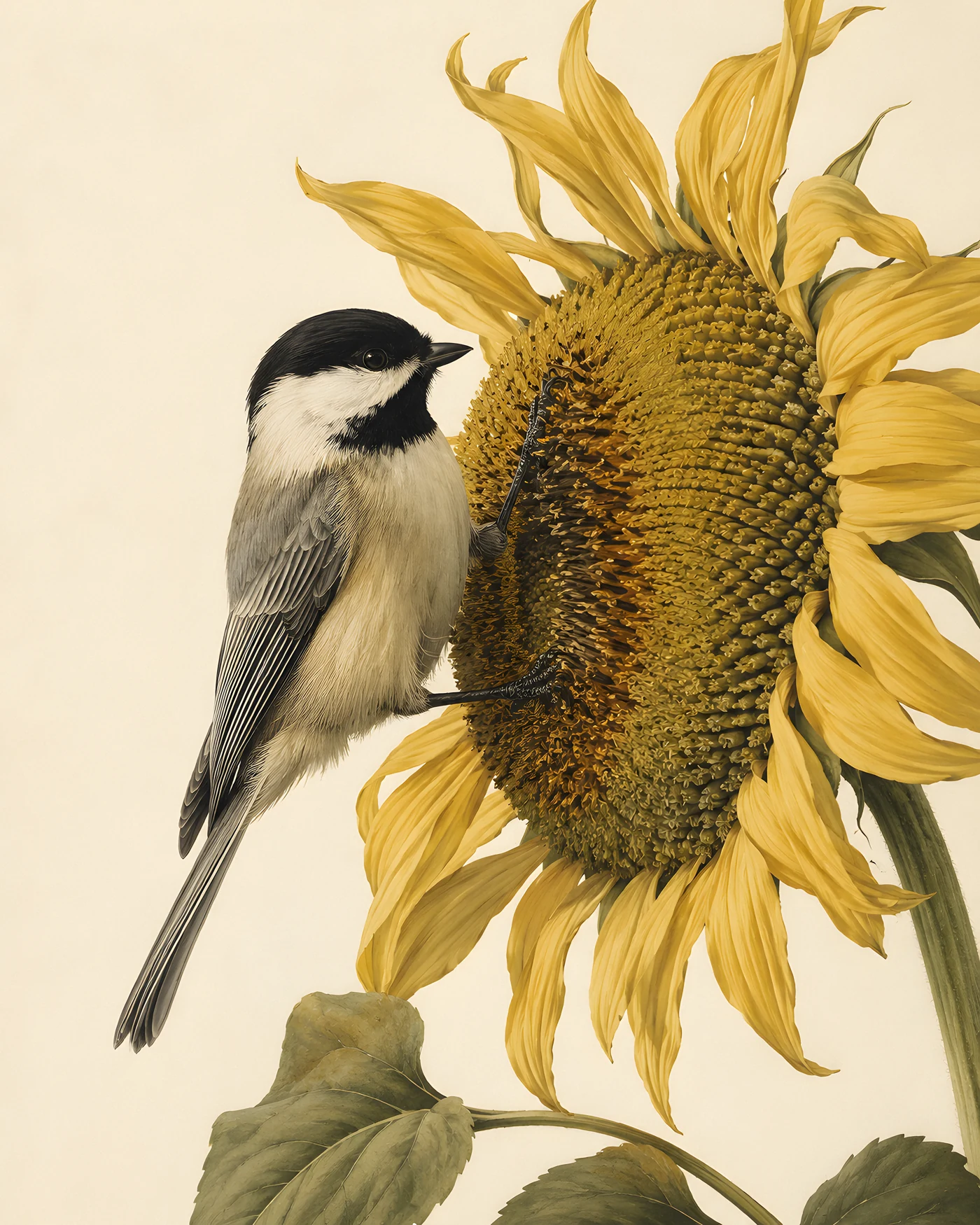 Audubon-style fine-art print of a Carolina Chickadee perched at a sunflower head