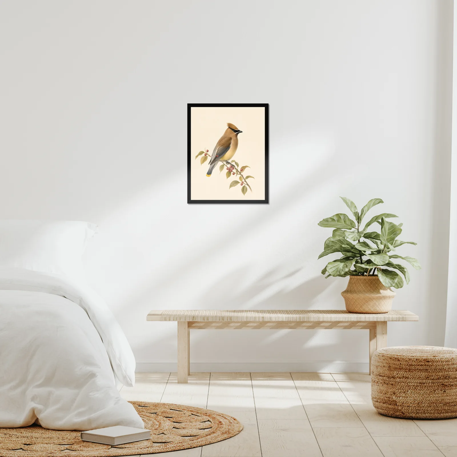 Cedar Waxwing Print - On Berry Branch in a room setting, shown at 16x20 inches