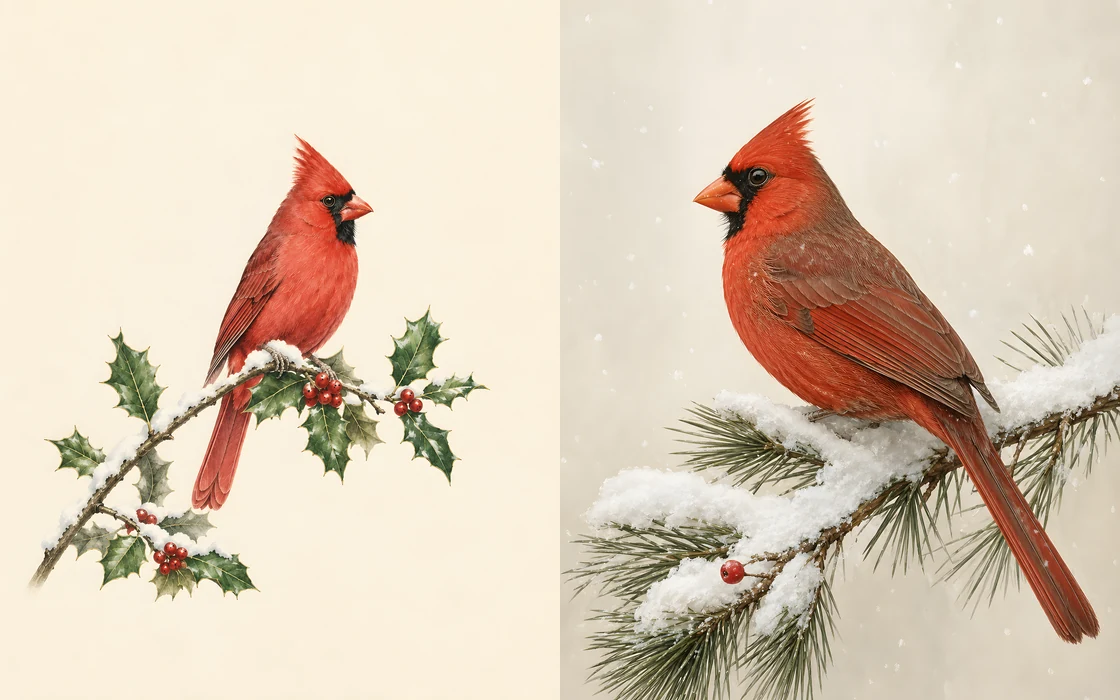 Two Cardinal prints displayed together: male perched on Christmas holly and male on a snow-covered pine bough. Audubon-style palette.