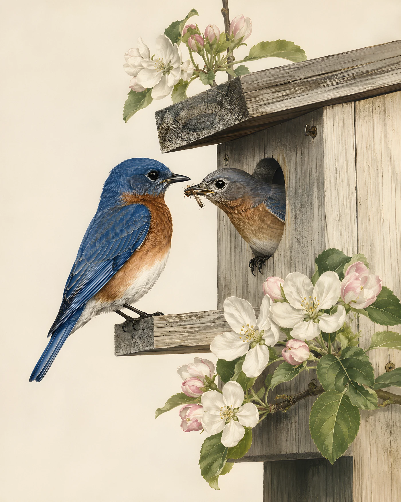 Audubon-style fine-art print of a pair of Eastern Bluebirds at their nest