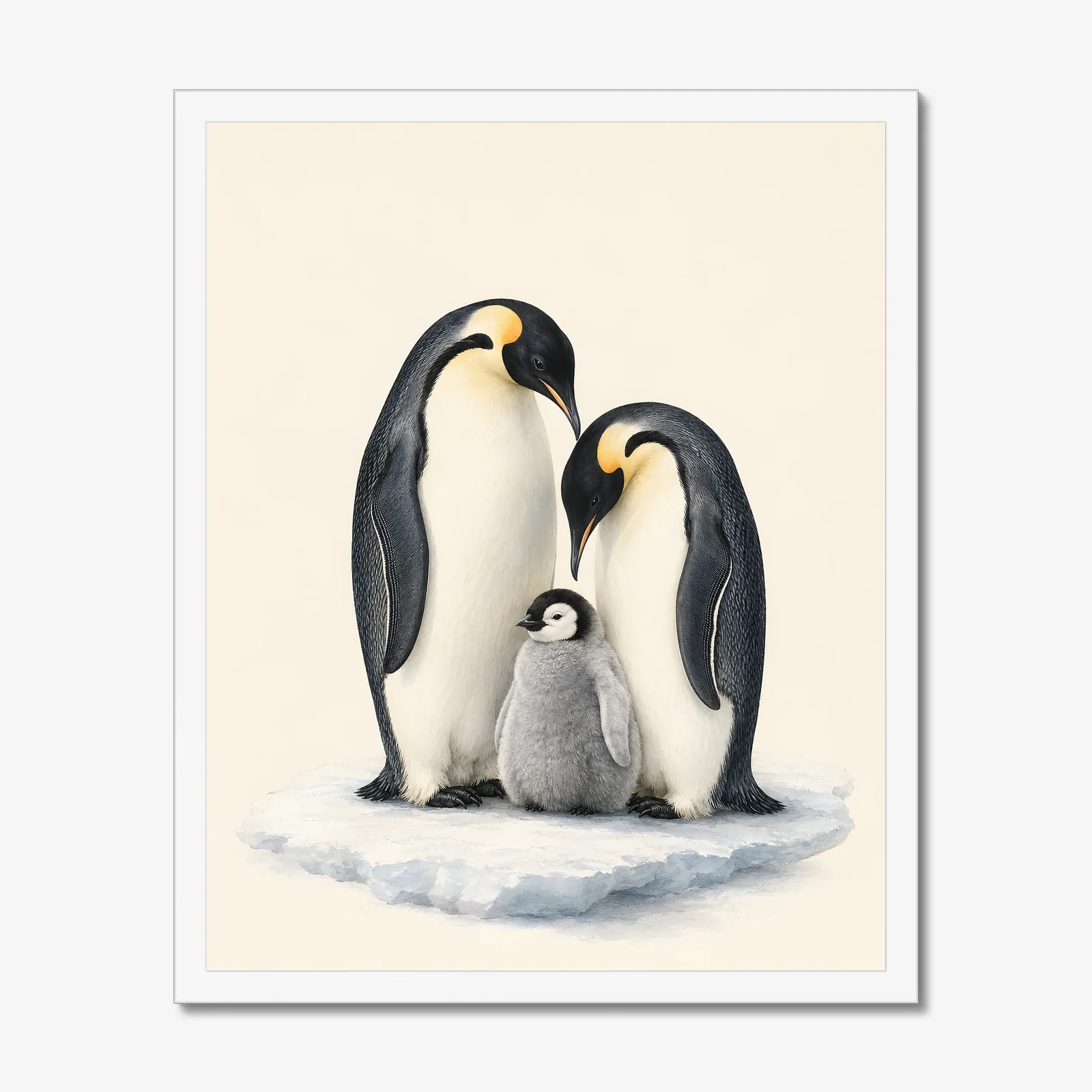 Emperor Penguin Family Print in a white frame