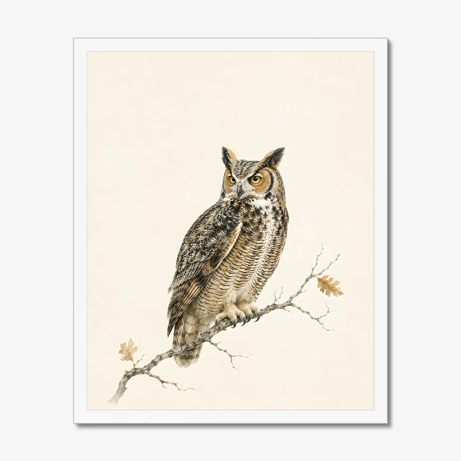 Great Horned Owl Print in a white frame