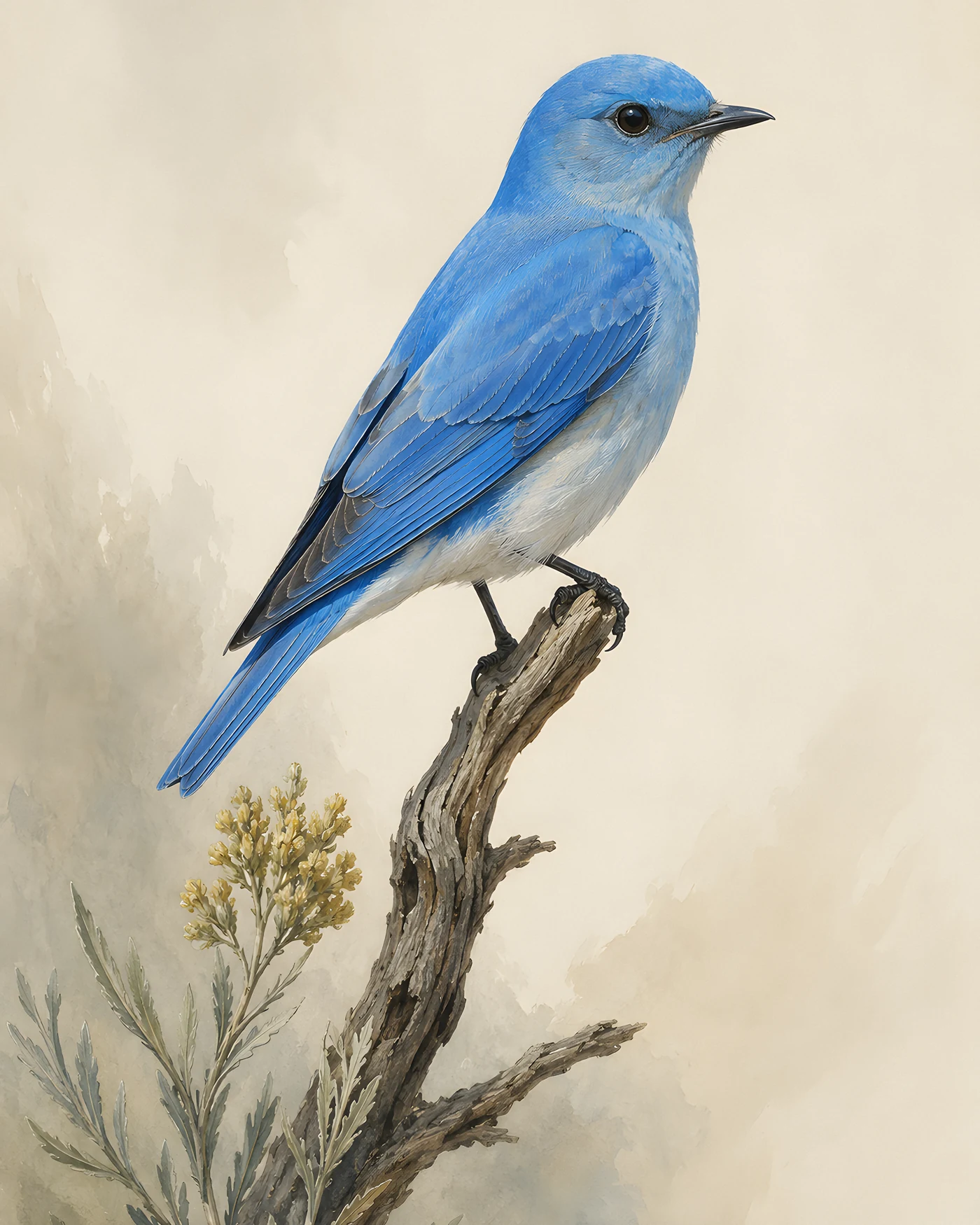 Audubon-style fine-art print of a male Mountain Bluebird perched on sagebrush