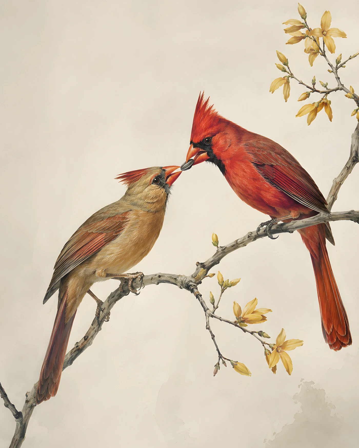 Audubon-style fine-art print of a male Northern Cardinal courtship-feeding a female on a winter branch