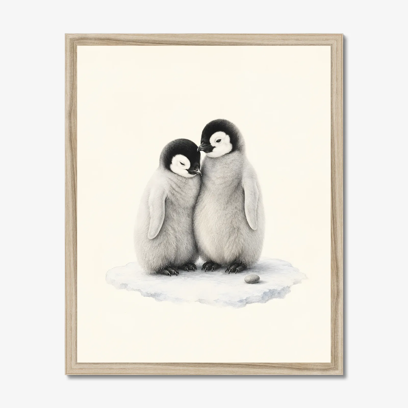 Penguin Chicks Print in a natural frame