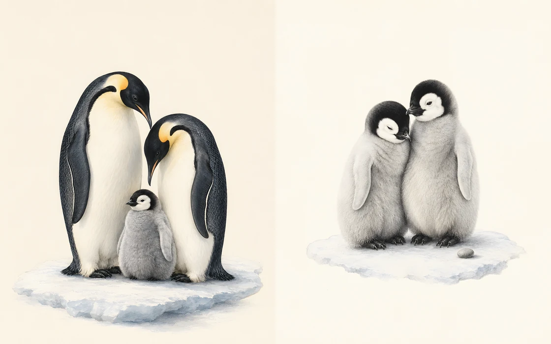 Two penguin prints for a nursery: an Emperor Penguin family with its chick, and a pair of downy penguin chicks, in the Audubon style