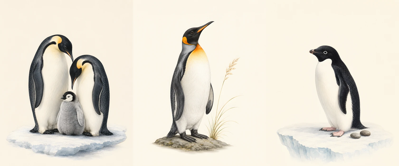 Three penguin prints shown together: Emperor family, King and Adelie Penguin, the classic Antarctic species, in the Audubon style