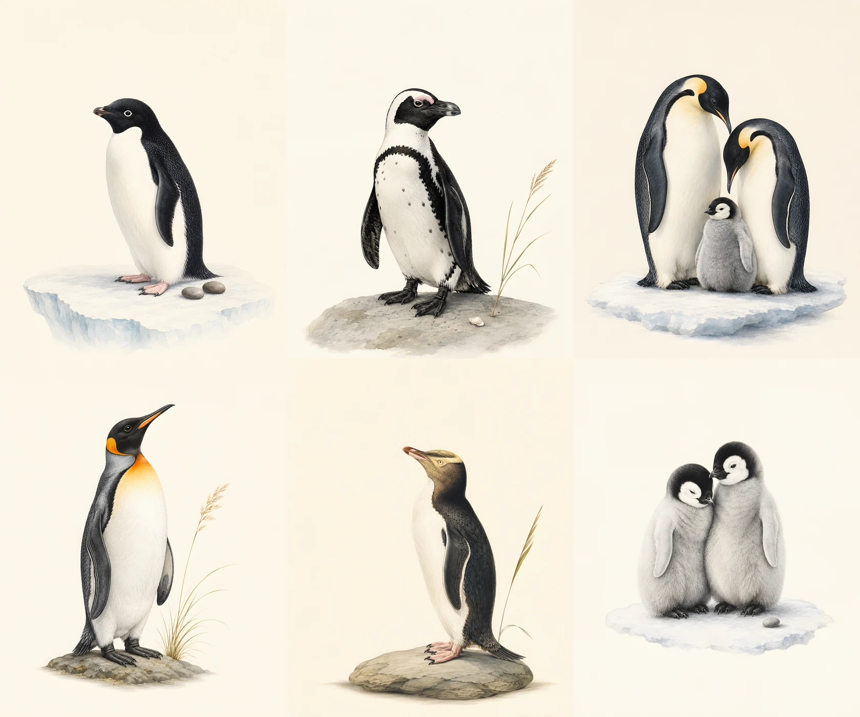 Six penguin prints shown together: Emperor family, King, Adelie, African, Yellow-eyed and penguin chicks, in the Audubon style
