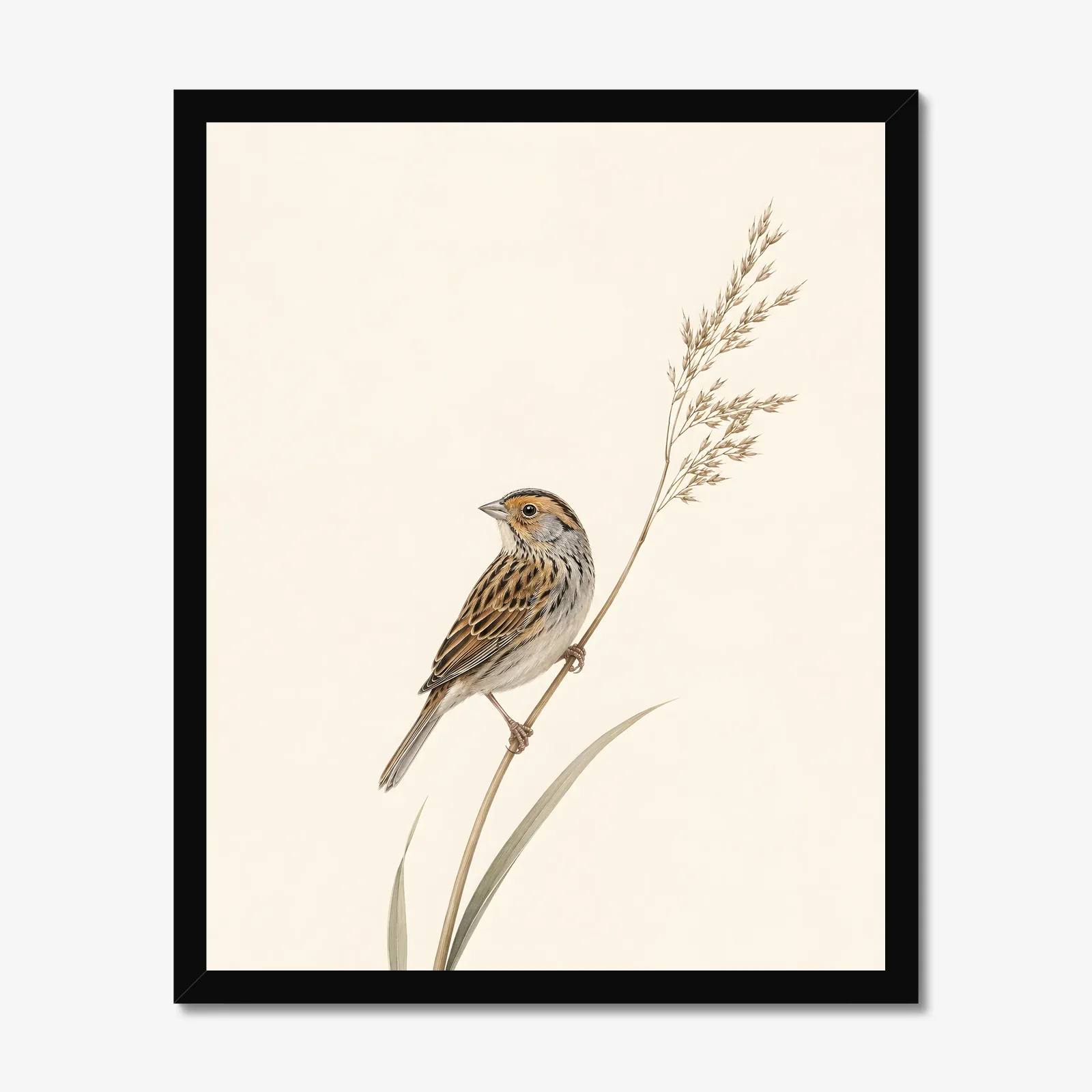 Saltmarsh Sparrow Print - Coastal Marsh Bird Art in a black frame