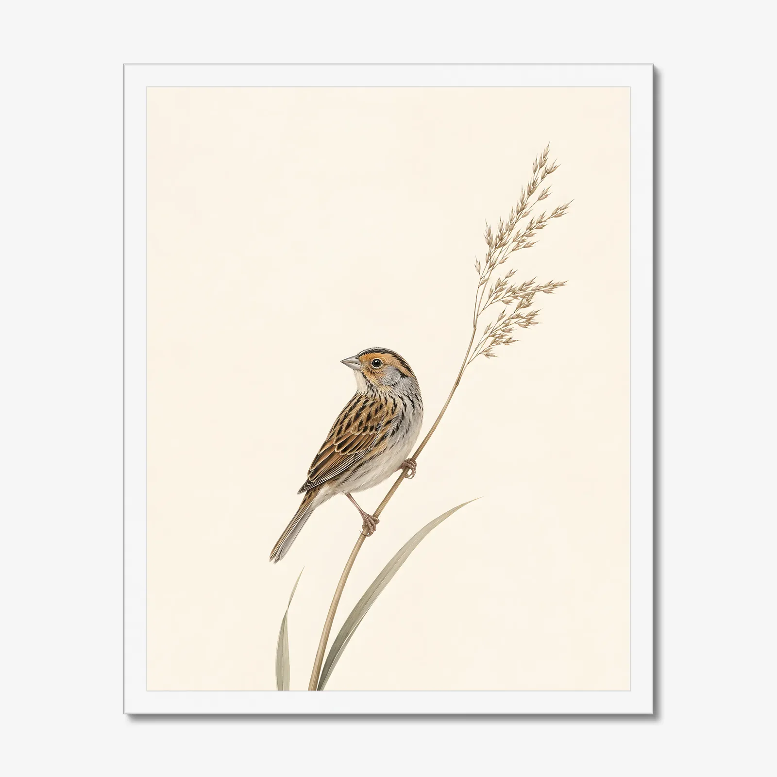Saltmarsh Sparrow Print - Coastal Marsh Bird Art in a white frame