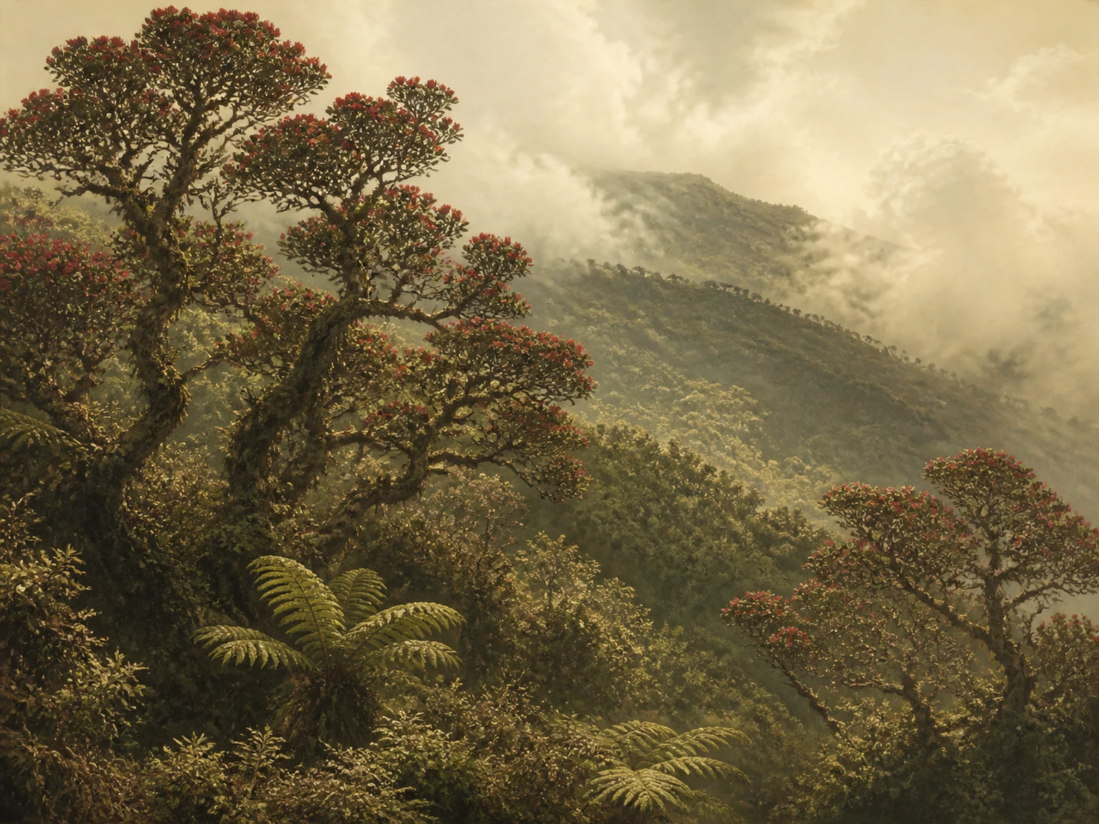 A painted landscape of Hawaii bird habitat