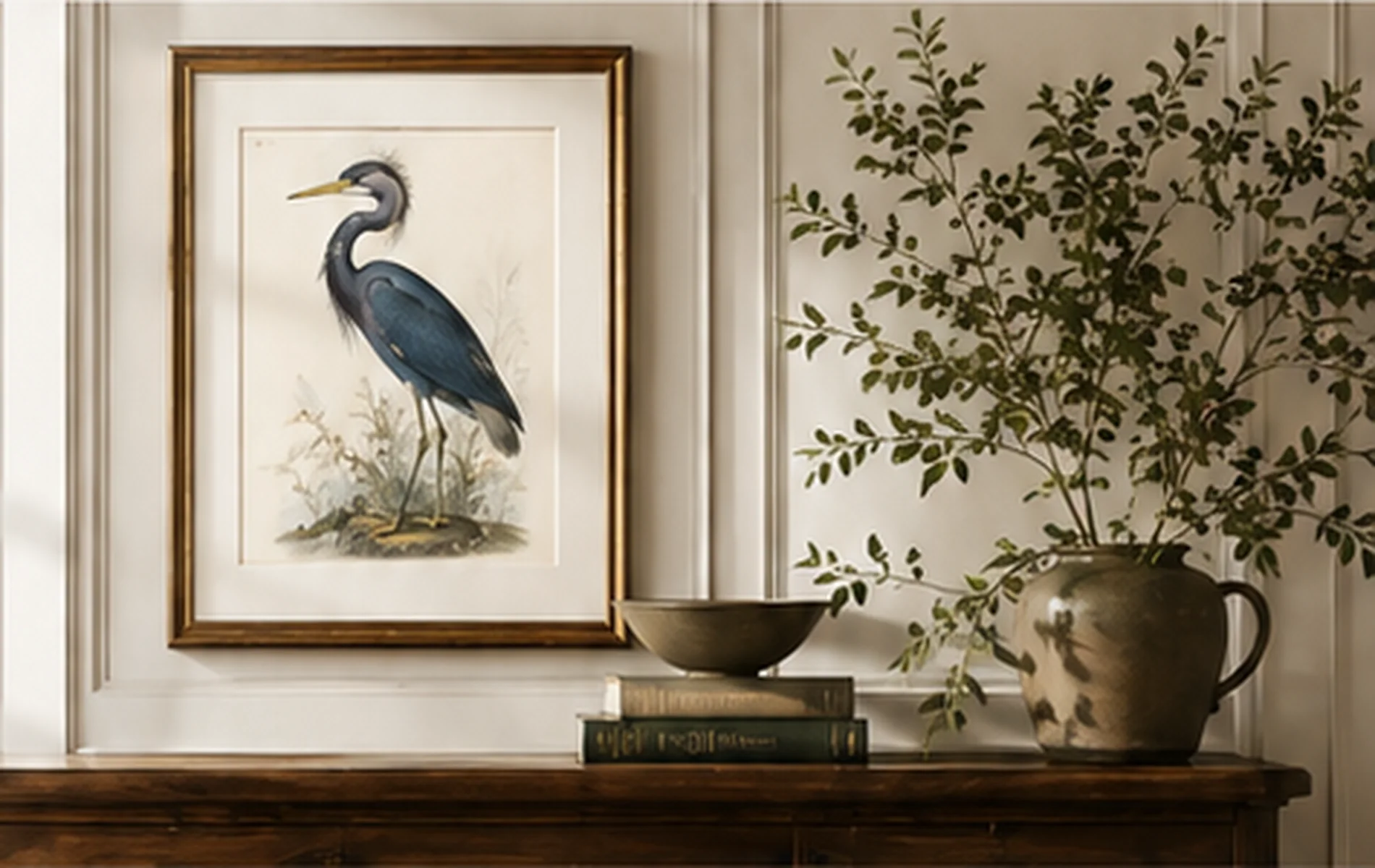A framed heron print above a wooden console with a vase of branches