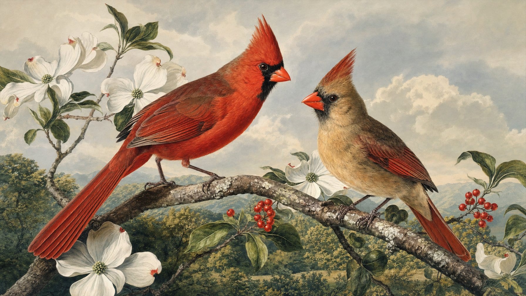 A male and female Northern Cardinal on a flowering dogwood branch with winter berries